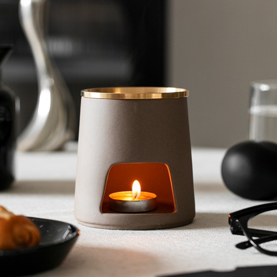 AETHER FLOW Ceramic Oil Burner & Botanical Burner — Brass Plate, Tealight Powered | For Essential Oils & Dried Herbs