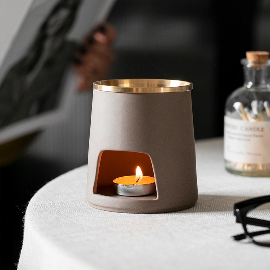 AETHER FLOW Ceramic Oil Burner & Botanical Burner — Brass Plate, Tealight Powered | For Essential Oils & Dried Herbs