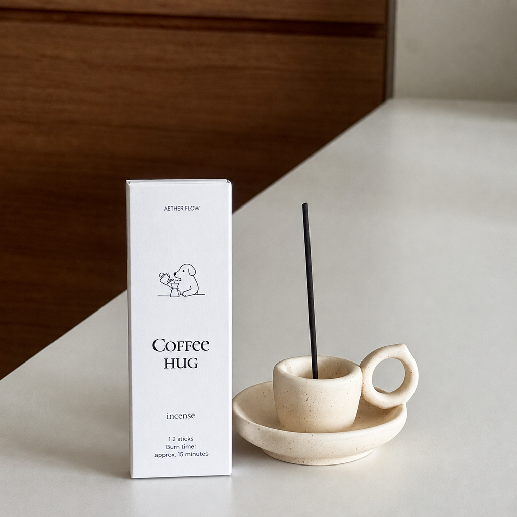 AETHER FLOW Coffee Hug incense gift set with mini ceramic coffee cup incense holder