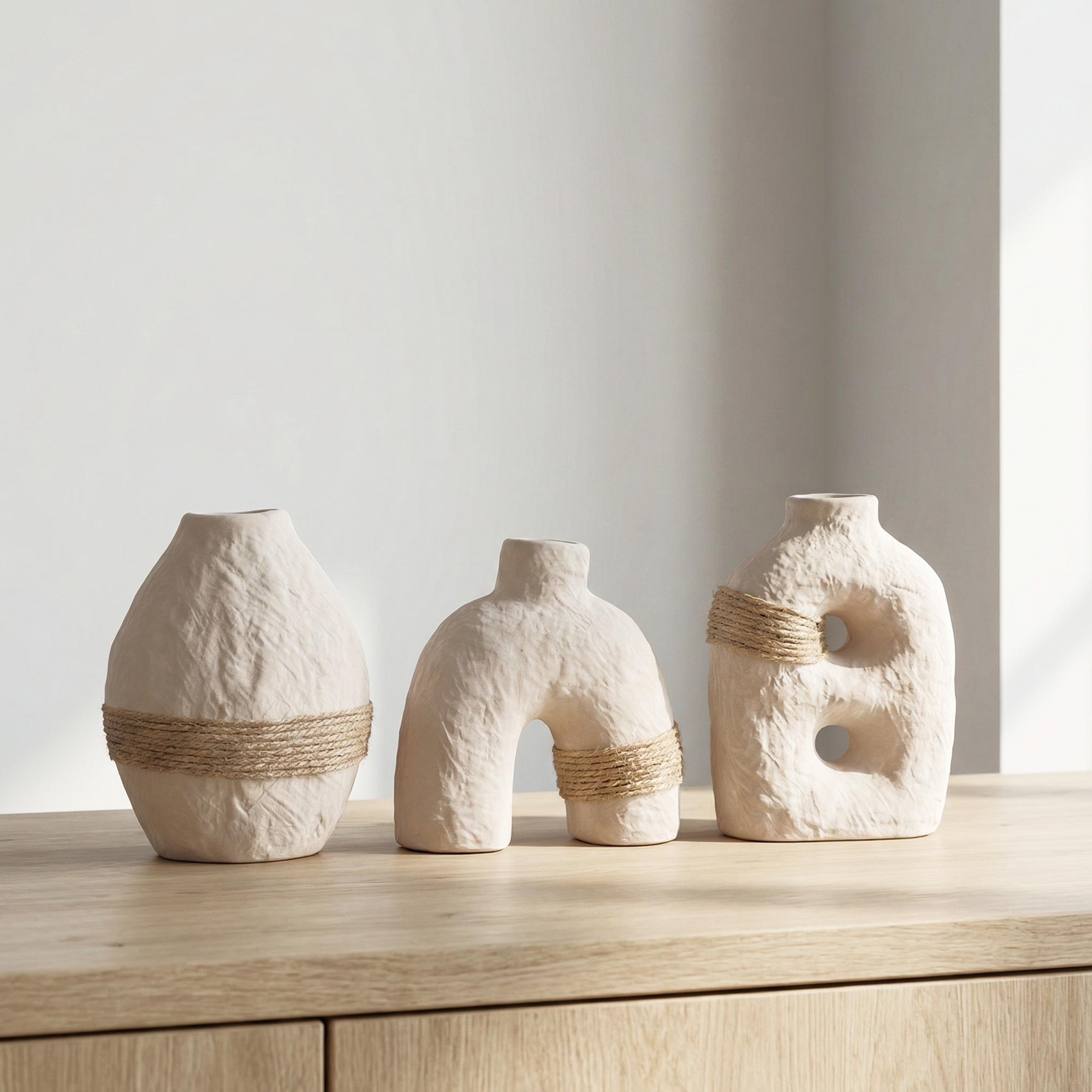 Wabi-sabi Ceramic Vase — Unglazed Clay with Hemp Rope | Twin · Arch · Stone