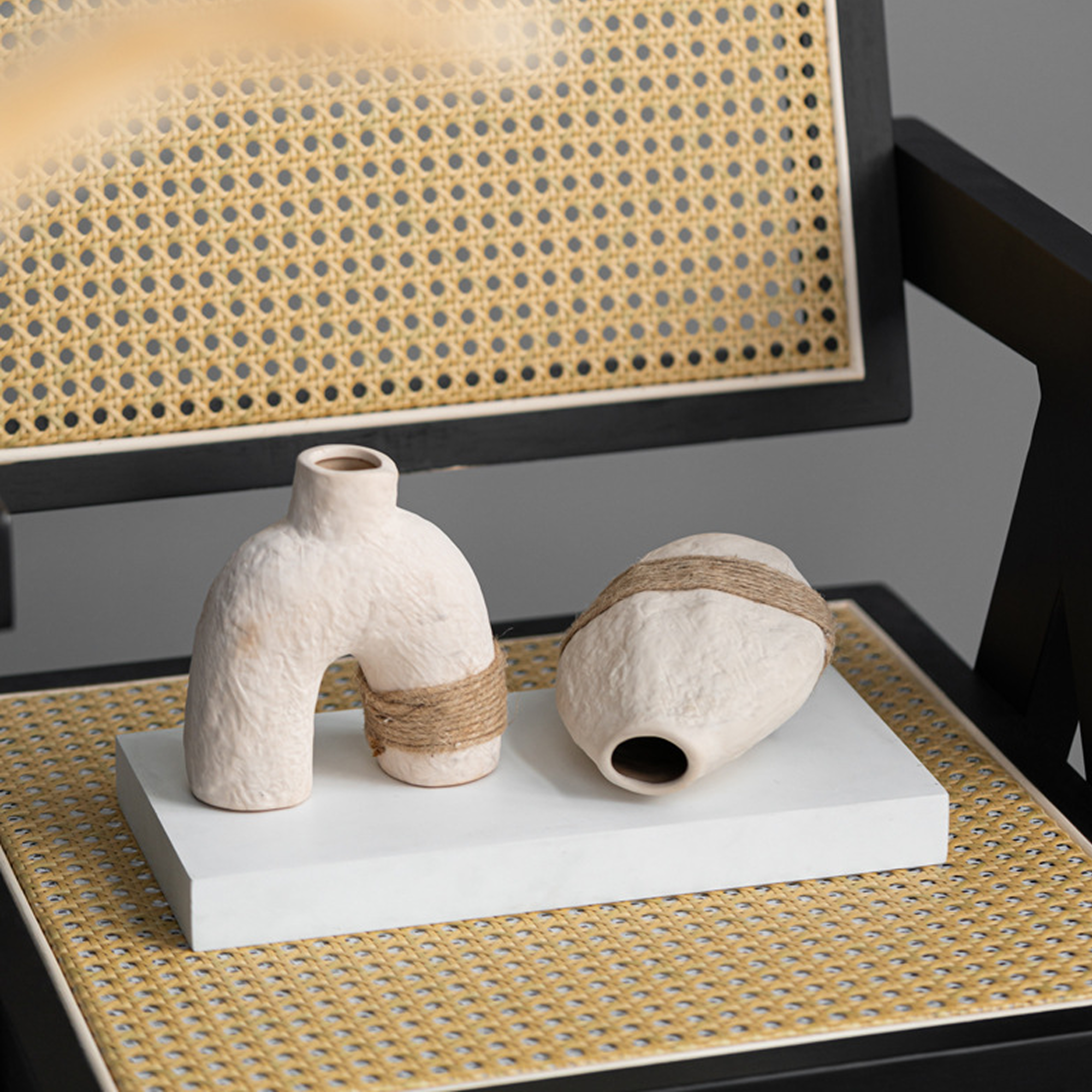 Wabi-sabi Ceramic Vase — Unglazed Clay with Hemp Rope | Twin · Arch · Stone