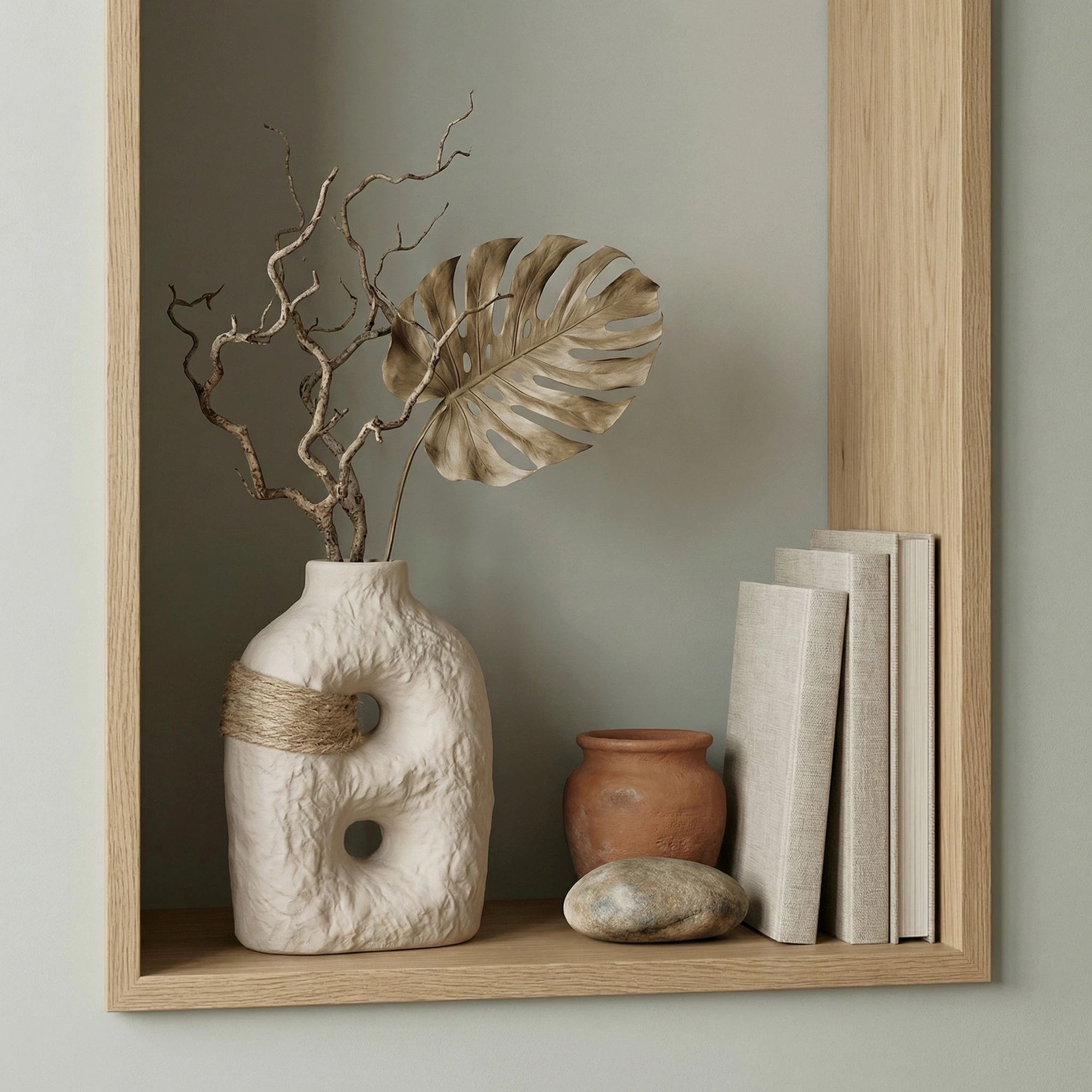 Wabi-sabi Ceramic Vase — Unglazed Clay with Hemp Rope | Twin · Arch · Stone