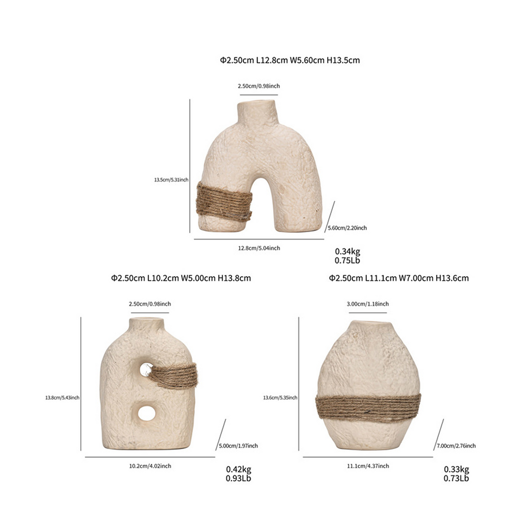 Wabi-sabi Ceramic Vase — Unglazed Clay with Hemp Rope | Twin · Arch · Stone