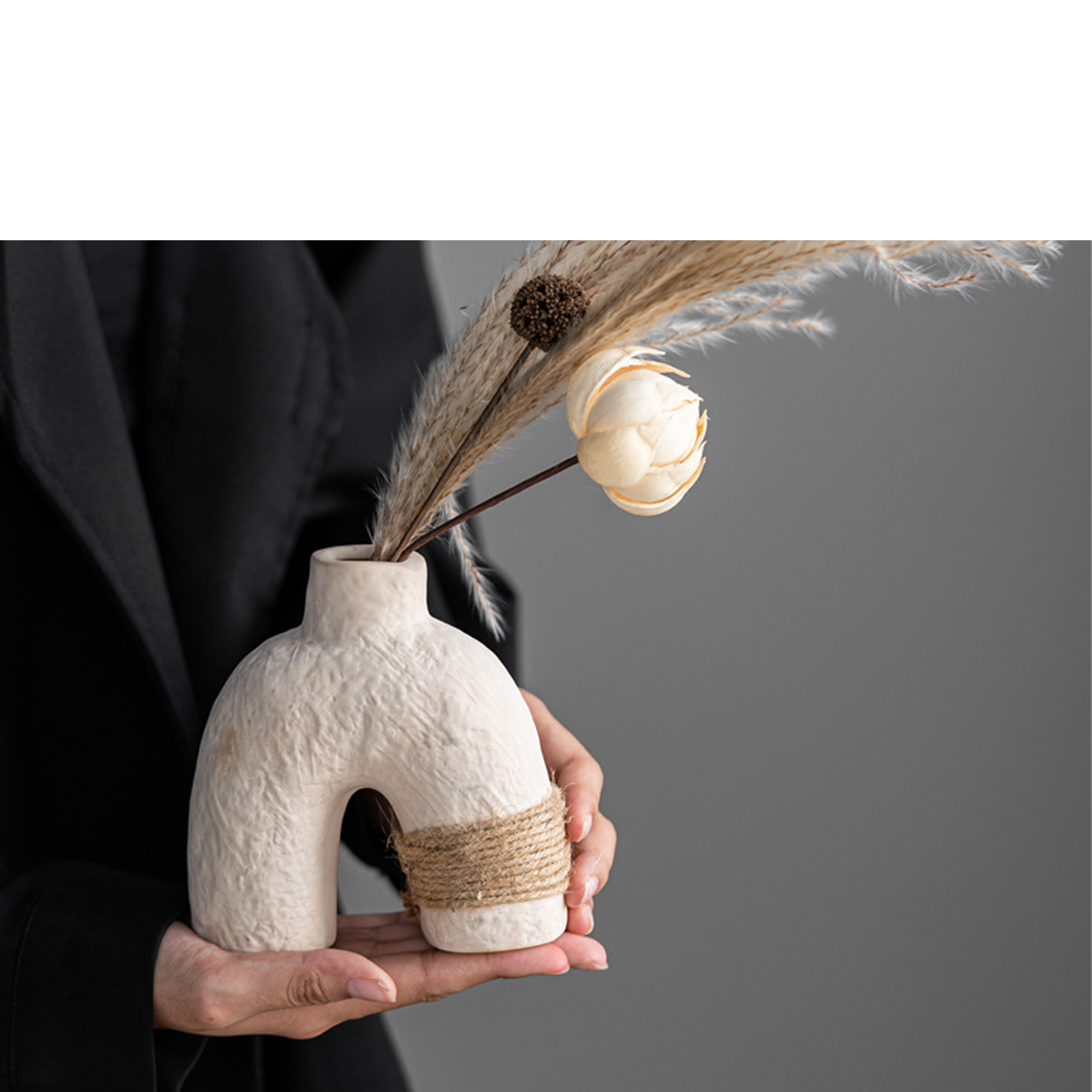 Wabi-sabi Ceramic Vase — Unglazed Clay with Hemp Rope | Twin · Arch · Stone