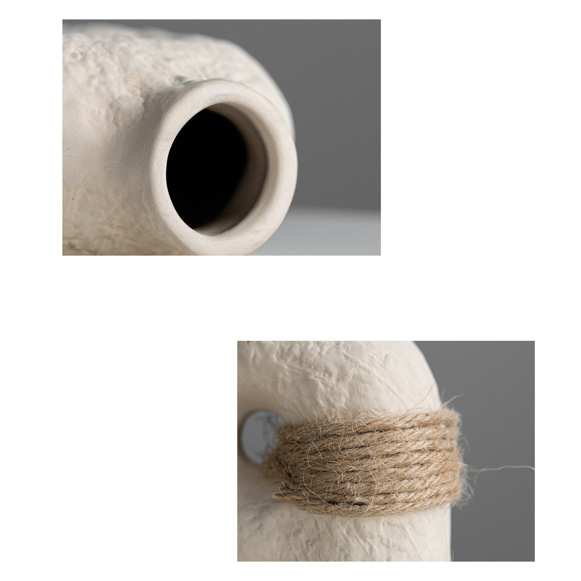 Wabi-sabi Ceramic Vase — Unglazed Clay with Hemp Rope | Twin · Arch · Stone