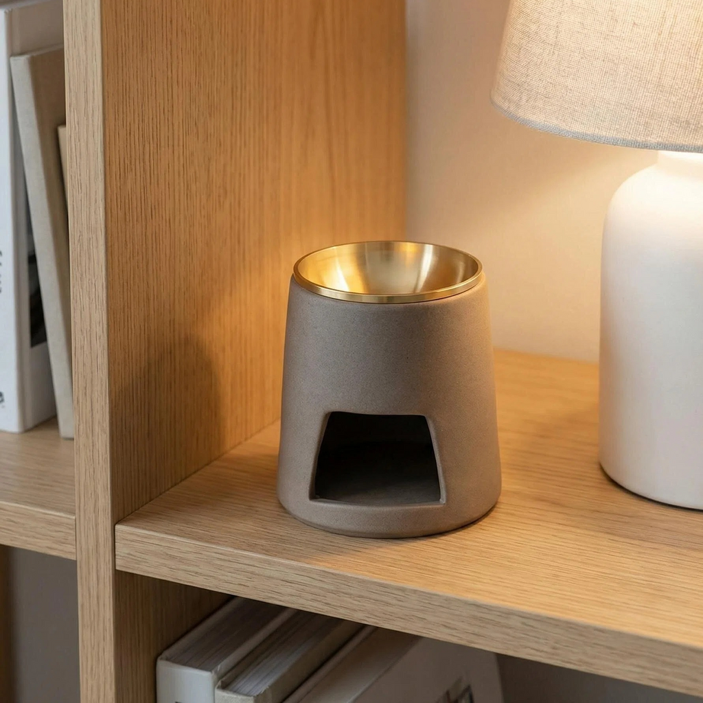 Ceramic Oil Burner & Dry Burner — Brass Plate, Tealight Powered | For Essential Oils & Botanicals