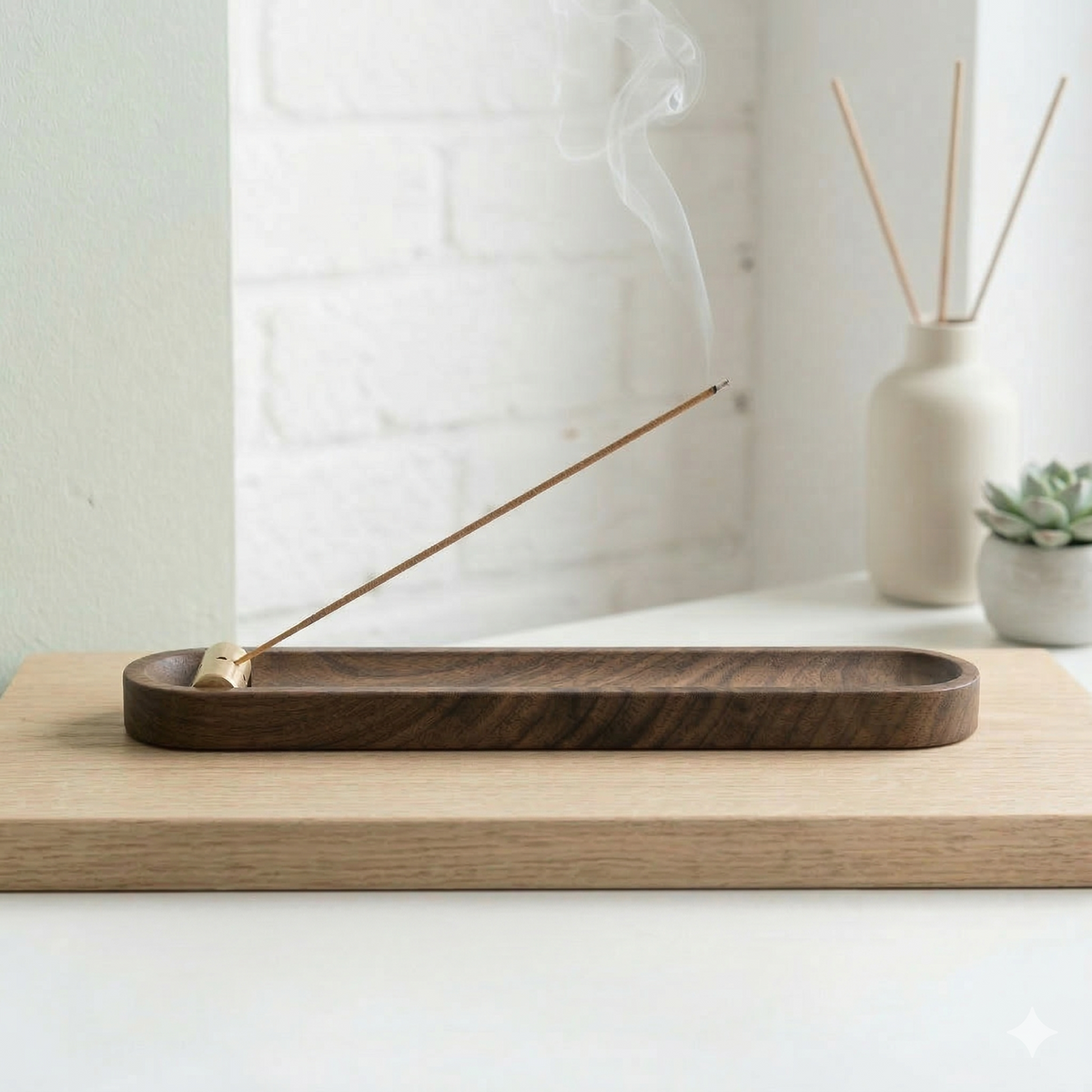 AETHER FLOW Wooden Incense Tray — 24cm Ash Catcher with Removable Brass Holder | Walnut