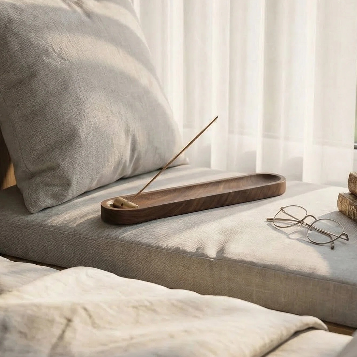 AETHER FLOW Wooden Incense Tray — 24cm Ash Catcher with Removable Brass Holder | Walnut