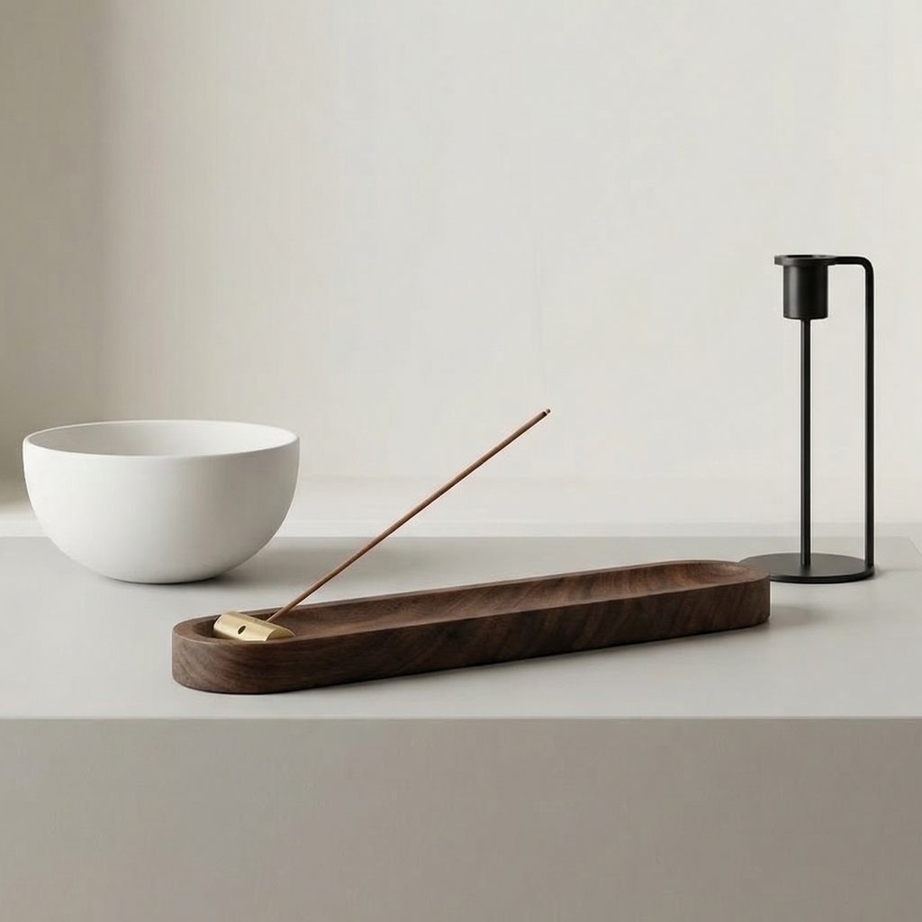 AETHER FLOW Wooden Incense Tray — 24cm Ash Catcher with Removable Brass Holder | Walnut