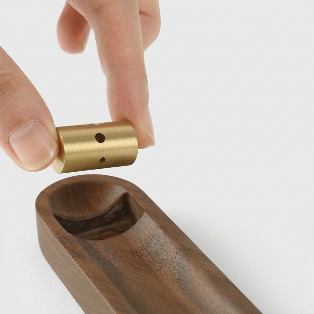 AETHER FLOW Wooden Incense Tray — 24cm Ash Catcher with Removable Brass Holder | Walnut