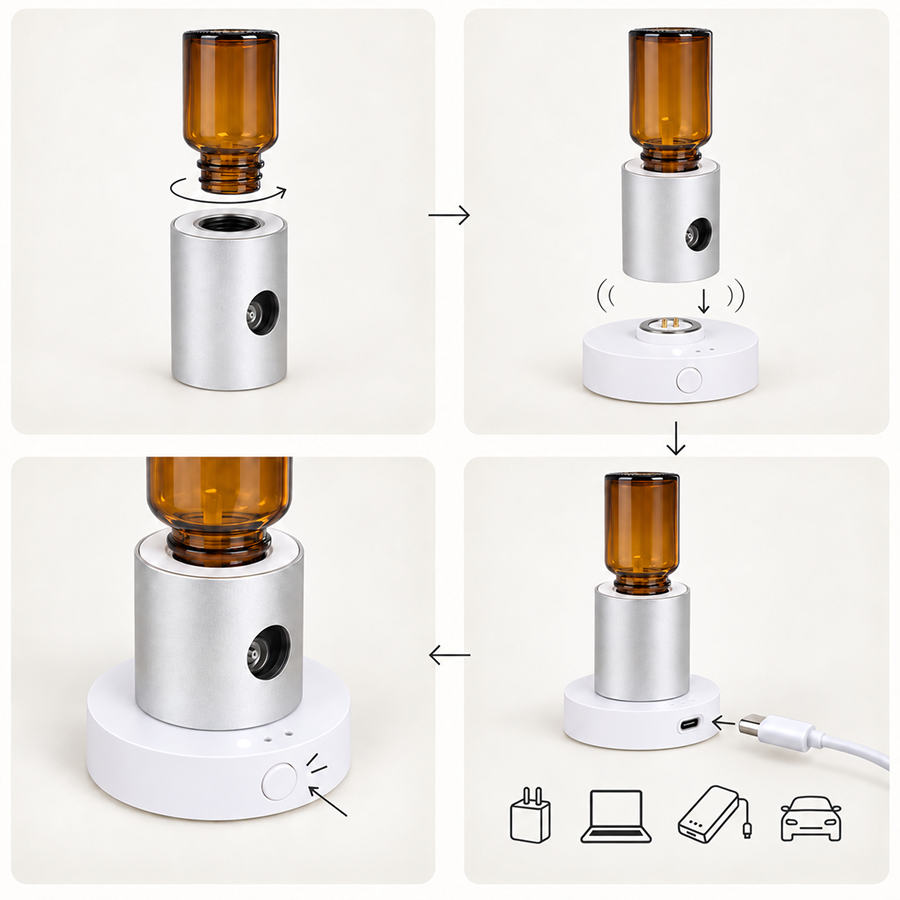 AETHER FLOW Nebulizer Minyak Pati Tanpa Air — Magnetik | Mudah Alih Kereta & Meja | Type-C | Muat Botol 5–100ml