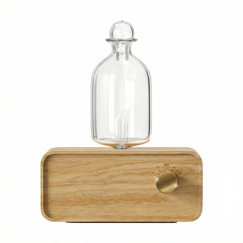 Wooden lamp with a clear glass shade on a white background