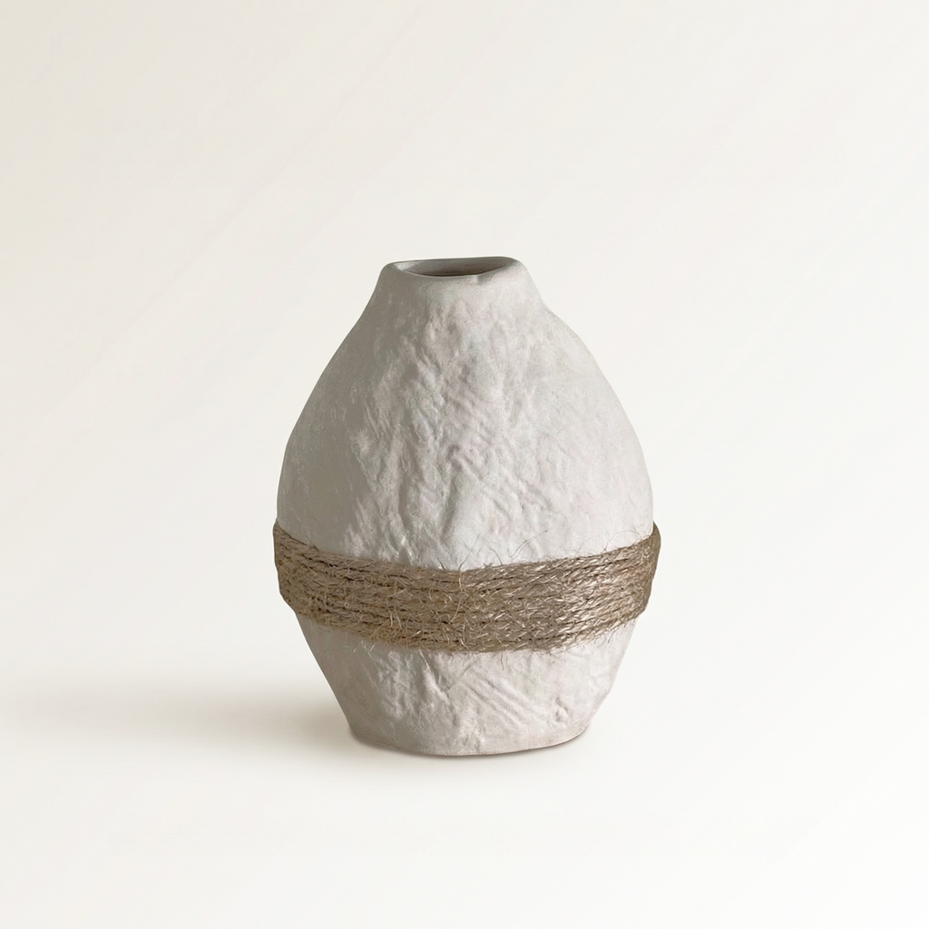 Wabi-sabi Ceramic Vase — Unglazed Clay with Hemp Rope | Twin · Arch · Stone