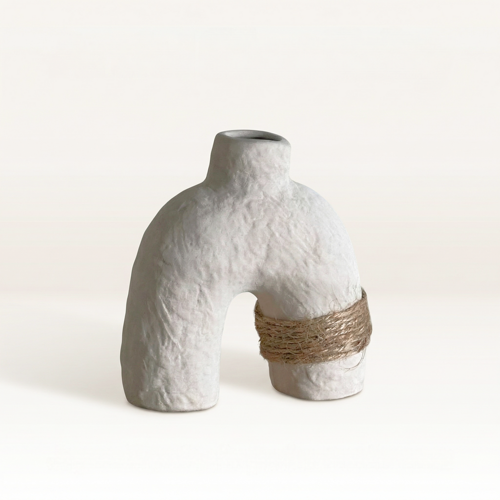 Wabi-sabi Ceramic Vase — Unglazed Clay with Hemp Rope | Twin · Arch · Stone
