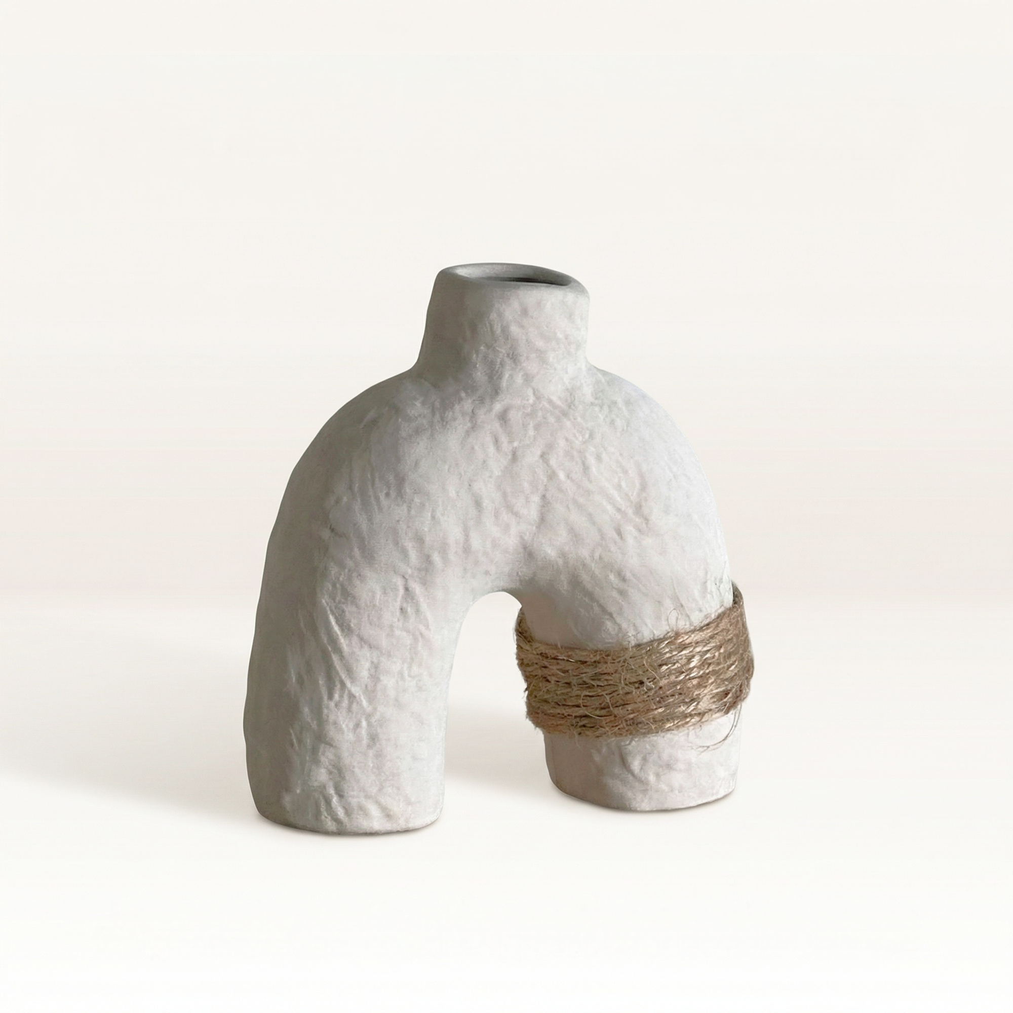 Wabi-sabi Ceramic Vase — Unglazed Clay with Hemp Rope | Twin · Arch · Stone