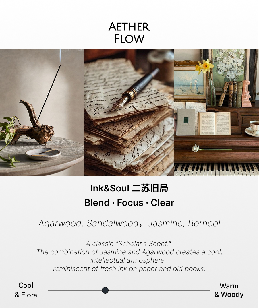 AETHER FLOW Ink & Soul 二苏旧局 Incense Sticks — Agarwood & Sandalwood | 21cm with Brass Holder