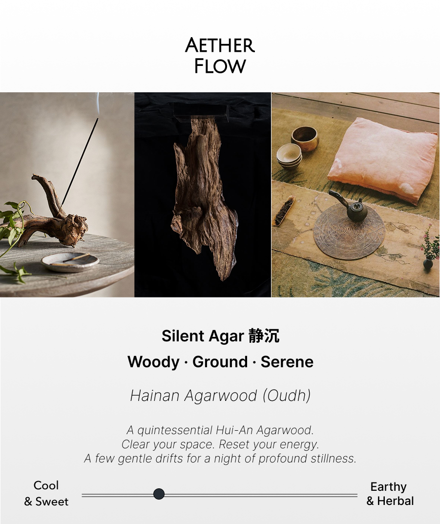 AETHER FLOW Silent Oud Incense Sticks — Natural Hainan Agarwood | 21cm with Brass Holder