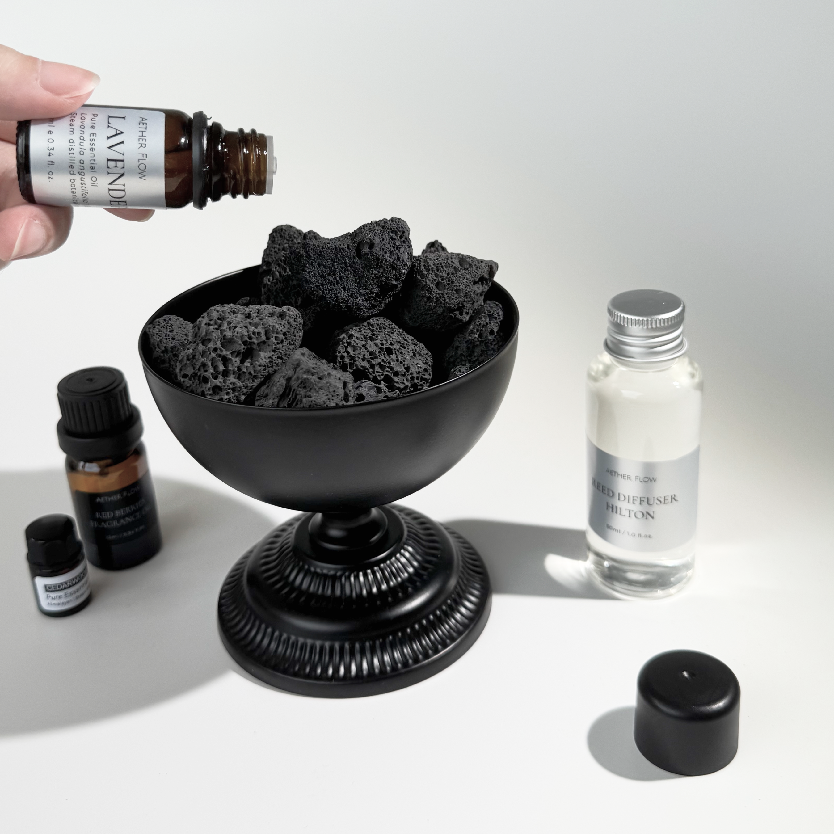 Lava Stone Essential Oil Diffuser Set | 200g Volcanic Rock & Black Iron Vessel