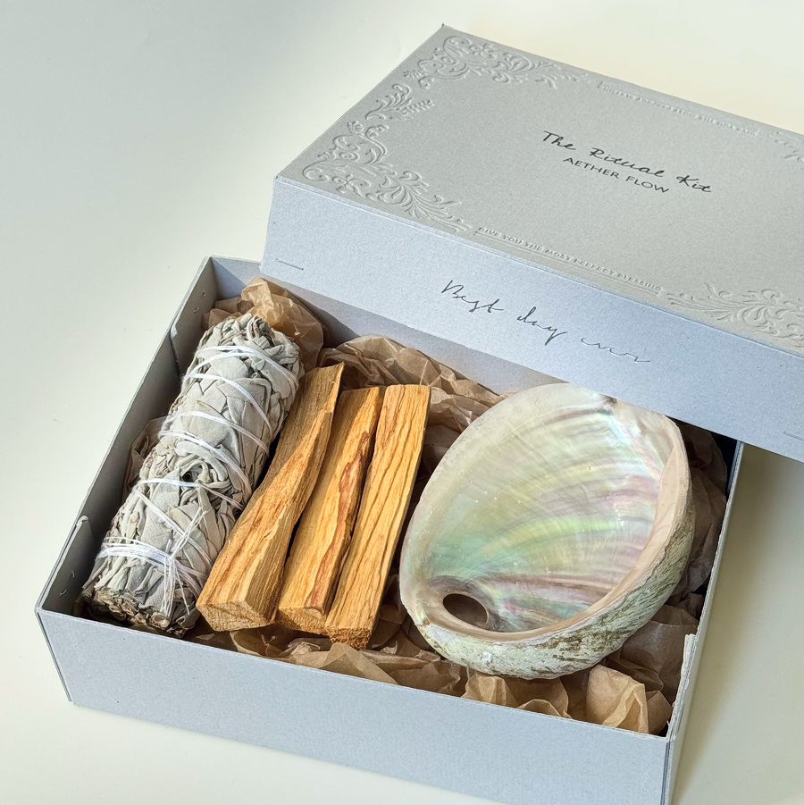 AETHER FLOW Energy Cleansing Kit gift box with white sage, Palo Santo sticks and abalone shell