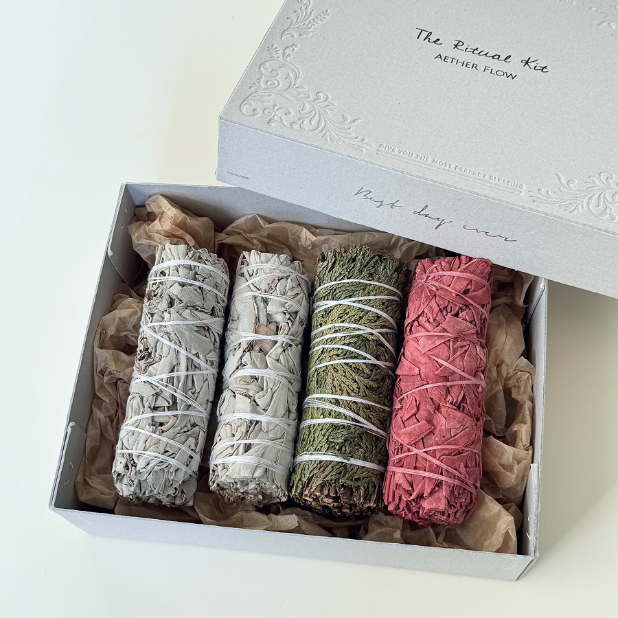 AETHER FLOW Home Clearing Kit gift box with white sage, dragon's blood sage and cedar bundles
