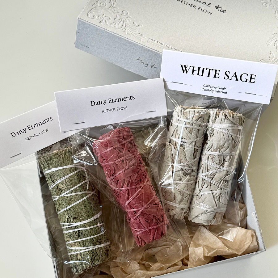 AETHER FLOW Home Clearing Kit gift box with white sage, dragon's blood sage and cedar bundles – view 2