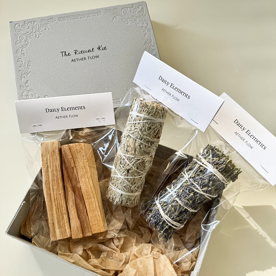 AETHER FLOW Deep Meditation Kit gift box with blue sage, lavender and Palo Santo sticks – view 2